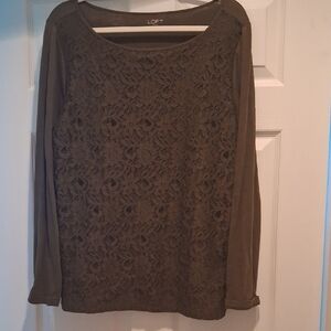 LOFT Olive Green Lace Front Long Sleeve Top
